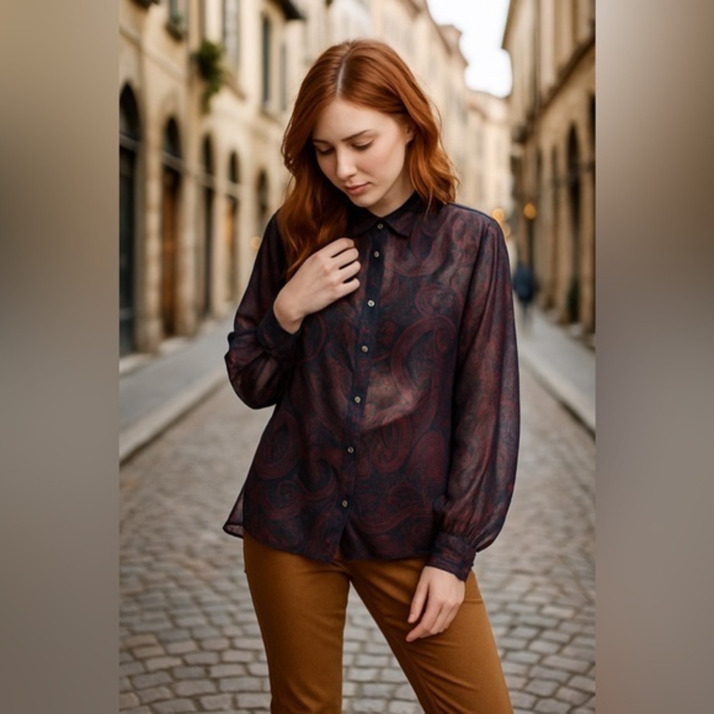 Molly Bracken Blue Burgundy Paisley Sheer High Low  Blouse NWT M #1171